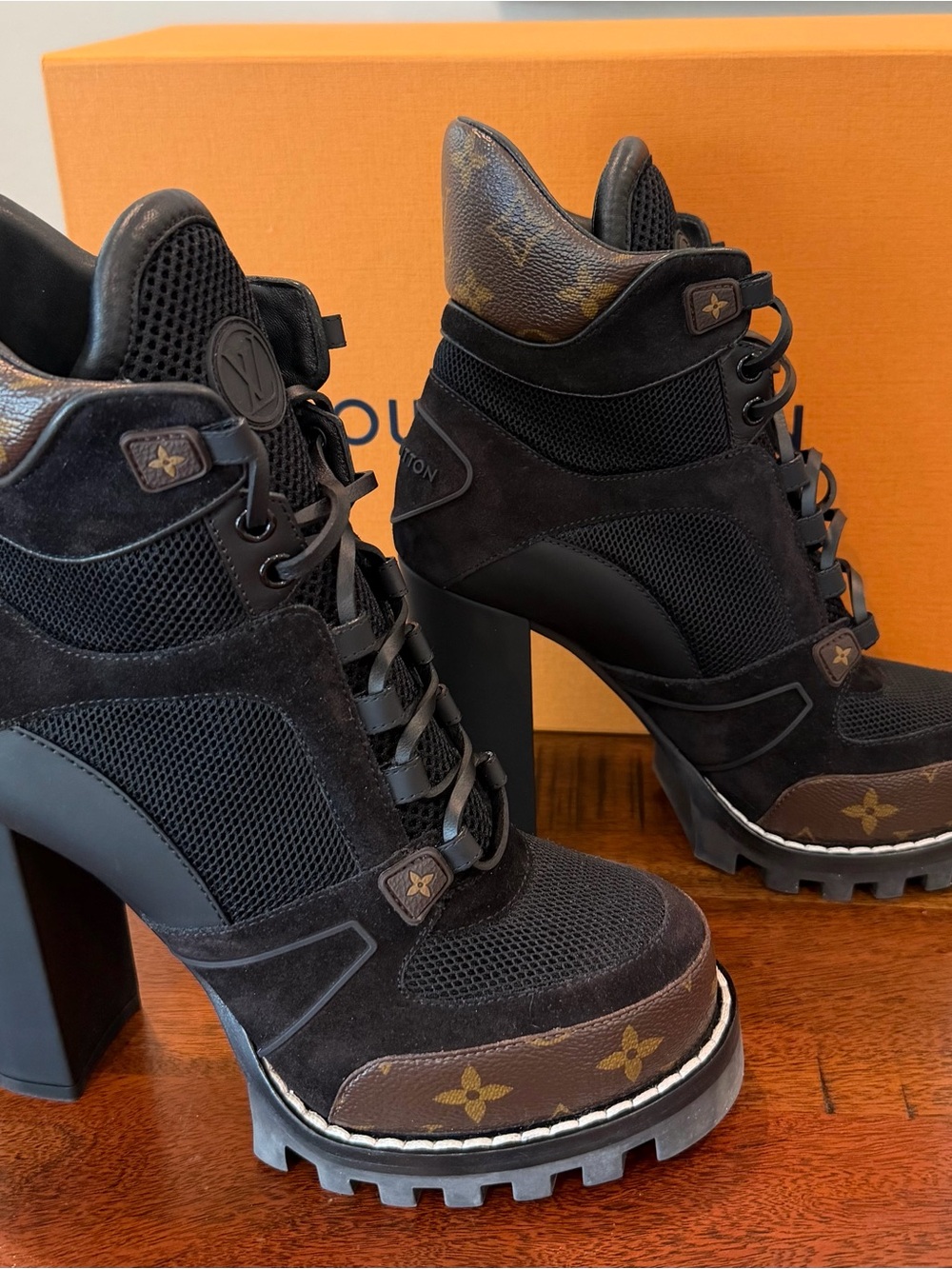Louis Vuitton Black & Brown Monogram Lace-Up Block Heel Boots Women's 39 (8.5)